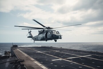 Fototapeta na wymiar Helicopter on the deck of the aircraft carrier. Military helicopter landing on an aircraft carrier, AI Generated