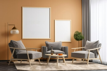 Modern living room interior with empty poster on wall. Mock up, 3D Rendering, Mockup poster frame in a modern home living room, AI Generated