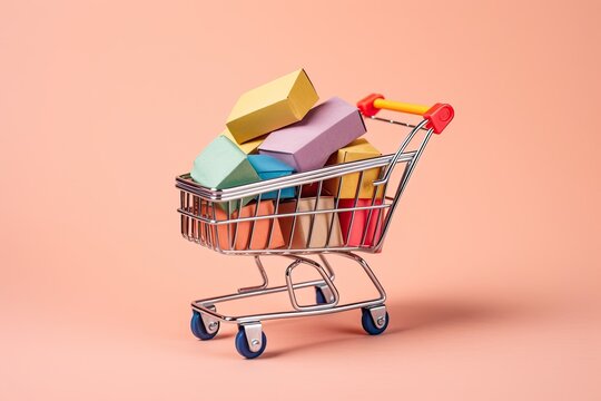 Shopping cart full of colorful gift boxes on pastel pink background, Mini shopping cart with shopping bags and boxes, AI Generated