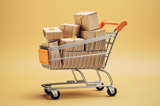 Shopping cart with boxes on a yellow background. 3d rendering, Mini shopping cart with shopping bags and boxes, AI Generated