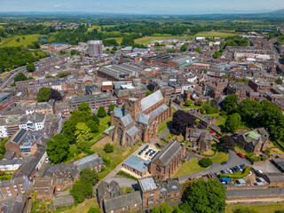 Fototapeta na wymiar Aerial drone photo of the old cathedral in Carlisle, Cumbria England. 
