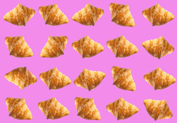 set of croissant on isolated pink background, croissant texture