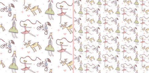 Hand drawn childish girls repeating pattern. Flat seamless repeating pattern. Editable vector file. Can use as background, print, fashion fabric, wallpaper, wrapping paper, etc.