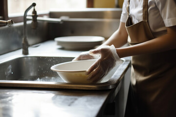 Fototapeta na wymiar Unrecognizable Waitress washing dish in the kitchen of restaurant