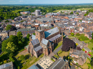 Aerial drone photo of the old cathedral in Carlisle, Cumbria England. 