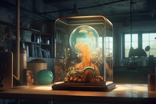 Decorative futuristic neon jellyfish in a transparent glass flask. Ai Generative AI