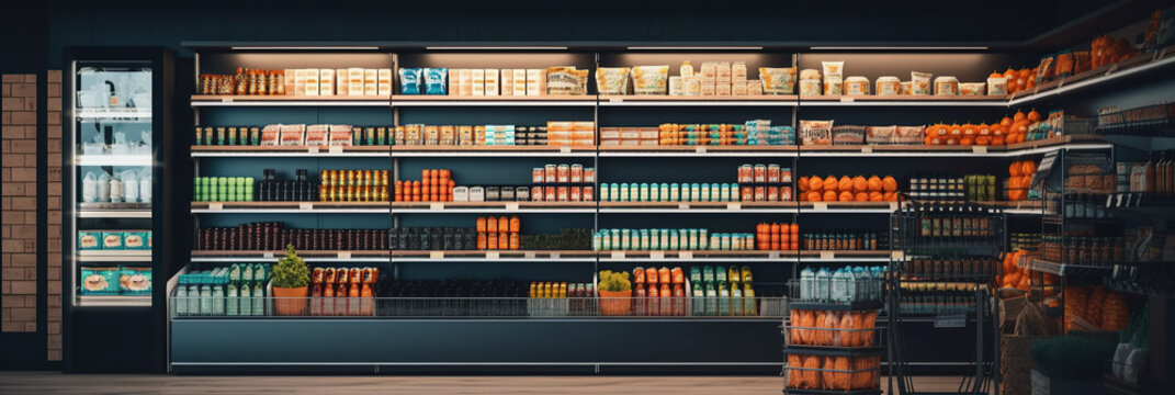 Ai generated illustration of grocery store rack with can food and others
