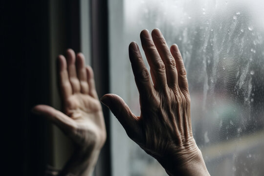 Unrecognizable Woman Hands Pressed Against Glass Window