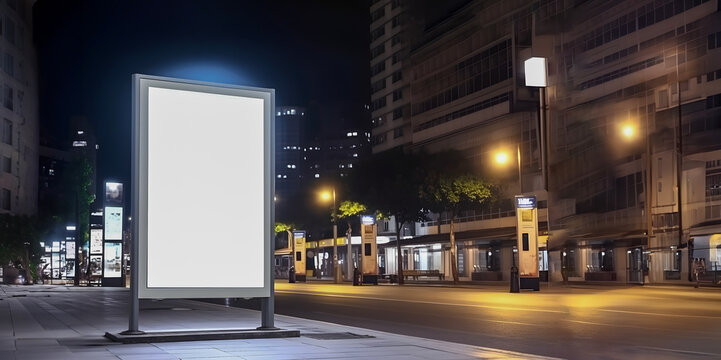 Blank billboard, signboard for product advertisement, design , advertising light box billboard, on realistic street background, night time , AI generated Generative AI
