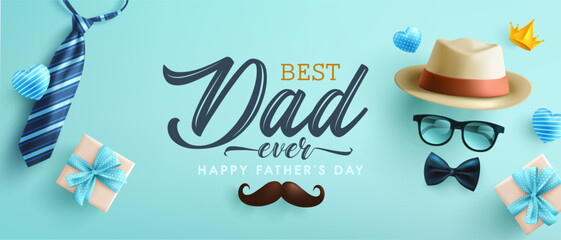 Father's Day poster or banner template with hat,necktie and gift box on blue background.Greetings and presents for Father's Day in flat lay styling.Promotion and shopping template for love dad