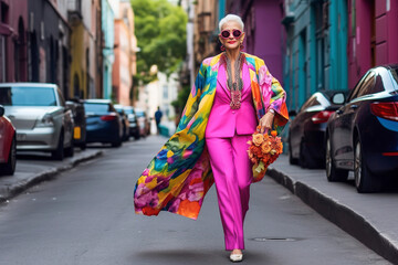 Generative AI illustration of 60 years old caucasian woman dressed in haute couture walking through the streets of Paris