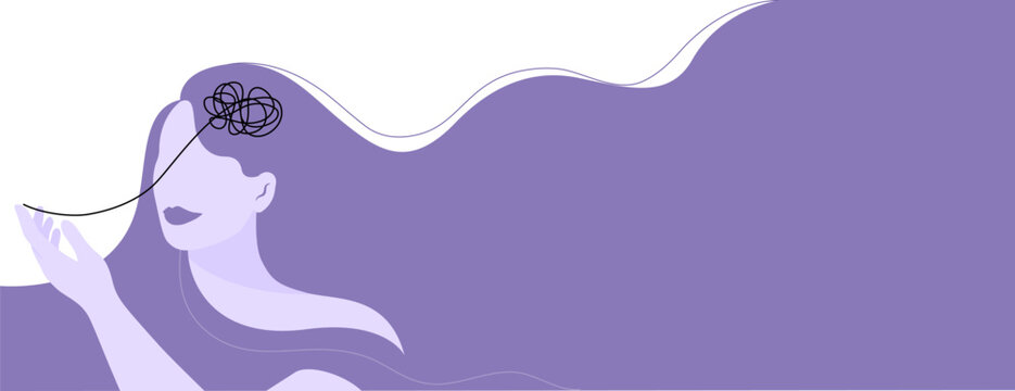 Silhouette of smiling woman with managing her stress or depress, mental health concept. Flat vector illustration banner.	