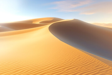 Fototapeta na wymiar desert fantasy sunset scenery landscape with a bright sun, thick clouds on blue sky. Generative AI