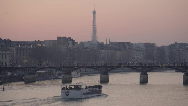 Paris, France - The Tour Eiffel Tower La dame de fer and Pont des Arts Picturesque Bridge
