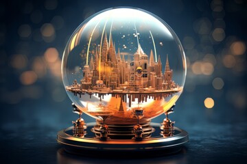 Snow globe with futuristic city architecture inside at the table made with generative Ai