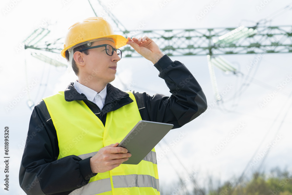 Aufkleber Engineer with digital tablet on a background of power line tower.	