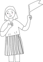 A cheering girl with a flag, black and white cartoon.