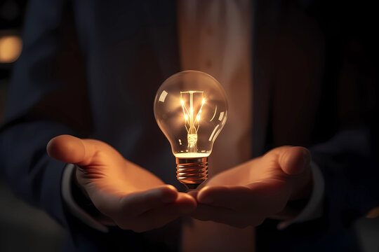 hand of business man holding light bulb with Innovatio. Generative AI