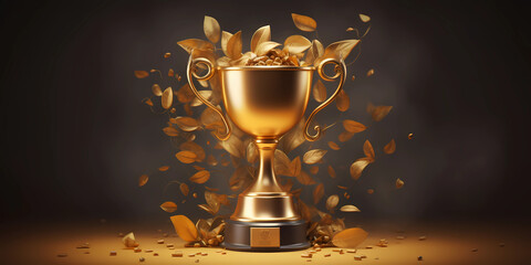 a Champion golden trophy with gold stars on dark Generative AI