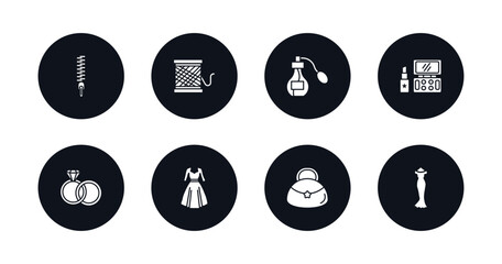 symbol for mobile filled icons set. filled icons such as zip, thread spool, parfume, makeup, engagement ring, vintage dress, hobo shoulder bag, female long black dress vector.