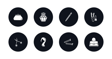 symbol for mobile filled icons set. filled icons such as female wallet, parfum, eyes makeup pencils, hair iron, scissors inverted view, female long black hair, hair clip tool, handbag elegant