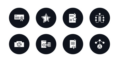 symbol for mobile filled icons set. filled icons such as rectangular certificate, black star, documents with a star, data connection, switch camera, data import interface, uploading file, user data