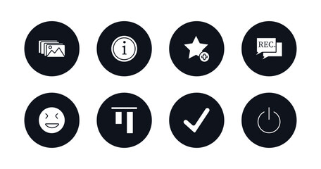 symbol for mobile filled icons set. filled icons such as photo album, information, add to favorite, recording conversation, joyful smile, top alignment, to do, turn off vector.