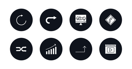 symbol for mobile filled icons set. filled icons such as rotate arrow, curved right arrow, online gambling, right curve, crossover, evolution, turn up arrow, movie play button vector.