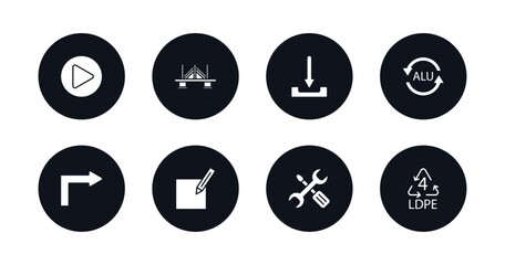 symbol for mobile filled icons set. filled icons such as right arrow play button, bridge, download arrow, alu, turn right arrow, make, mechanic tool, 4 ldpe vector.