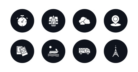 symbol for mobile filled icons set. filled icons such as stopclock, bungalow, cloudy, landmark, , water craft, motorhome, eiffel tower vector.