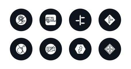 symbol for mobile filled icons set. filled icons such as no picking flowers, caravan, crossroad, side road, no bombs, no video, right reverse bend, intersection vector.