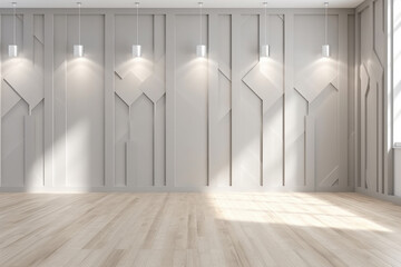 Fototapeta na wymiar Elegant Interiors: Light Gray Wall with Decorative Panels and Wood Flooring