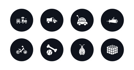 symbol for mobile filled icons set. filled icons such as train toy, truck toy, car toy, submarine ride on puppy ladybug thinking game vector.