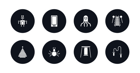 symbol for mobile filled icons set. filled icons such as robot toy, telephone toy, octopus toy, xylophone pyramid spider swing skipping rope vector.