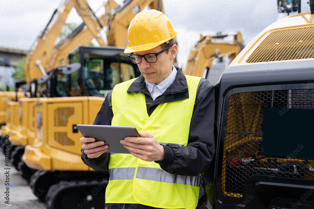 Aufkleber engineer in a helmet with a digital tablet stands next to construction excavators