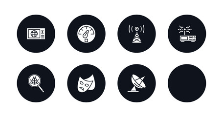 symbol for mobile filled icons set. filled icons such as world news, vehicle speedometer, media, wireless transmitter, search bug, video camera side view, theater, parabolic vector.
