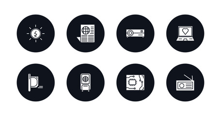 symbol for mobile filled icons set. filled icons such as sun energy, worlwide news, cinema projector, laptop with a heart, straight air, air cooler, circuit board, radio journalism vector.