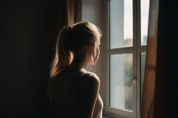 Unrecognizable young woman stands by the window on sunny day