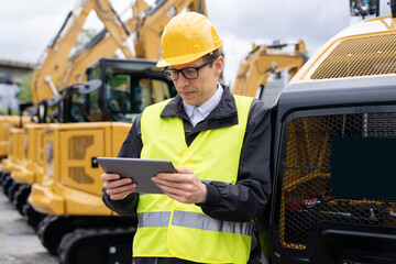 Engineer in a helmet with a digital tablet stands next to construction excavators	