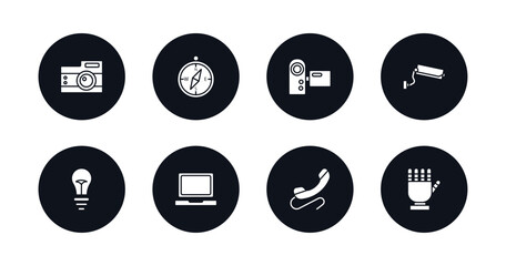 symbol for mobile filled icons set. filled icons such as vintage digital camera, basic compass, video camera front view, surveillance camera, old light bulb, laptop frontal monitor, phone with wire,