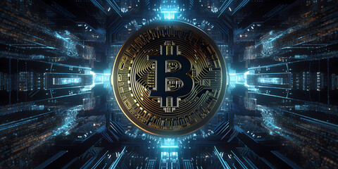 a golden Bitcoin crypto blockchain technologie. Generative AI - 611896978