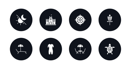 symbol for mobile filled icons set. filled icons such as solstice, sand castle, lifeguard, disc golf, beach chair, wetsuit, terrace, sea turtle vector.
