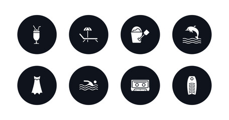 symbol for mobile filled icons set. filled icons such as milkshake, sunbed, sand bucket and shovel, dolphin on water waves, dress, swimming person, caste, bodyboard vector.