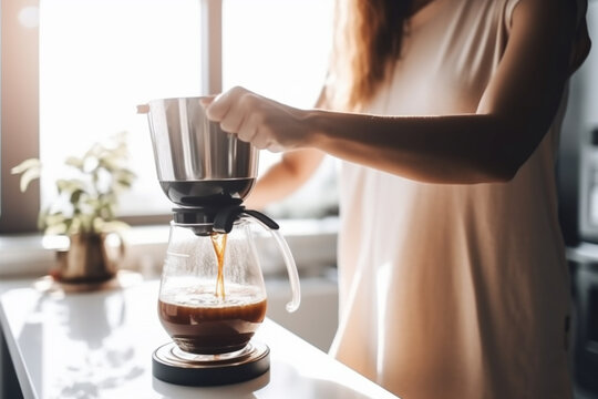 Unrecognizable Young woman making coffee at home