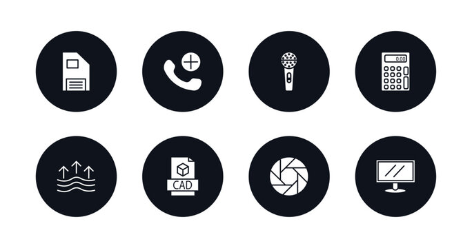 symbol for mobile filled icons set. filled icons such as big floppy disk, add call, basic microphone, basic calculator, evaporation, cad, camera shutter, lcd screen vector.