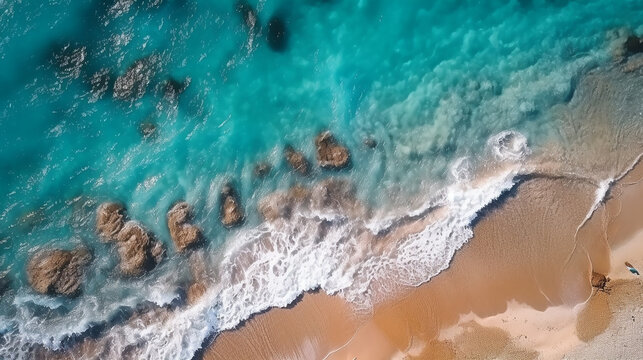 Ocean waves on the beach as a background. Beautiful natural summer vacation holidays background. Top view from drone. Aerial top down view of beach and sea with blue water waves. Generative AI