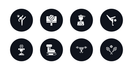 symbol for mobile filled icons set. filled icons such as taekwondo, football channel, pencak silat, capoeira, world cup, ski boots, weight lifting, tennis game vector.