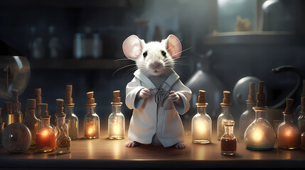 a little mouse with a white coat as an alchemis. Generative AI