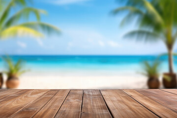 Tropical Paradise: Empty Wooden Table on Blurred Beach Background