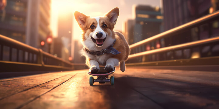 dog riding a skateboard in a city in the style. Generative AI